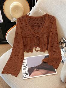 Franclia Áo khoác cardigan mỏng nhẹ, màu trơn, chất liệu ren móc rỗng, kiểu dáng đa năng dành cho nữ. - Rỉ Nâu - Xem 4
