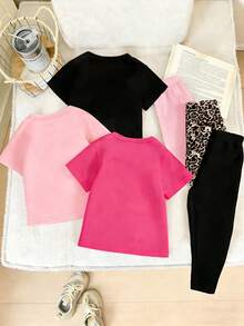 2pcs/Set Baju dan Legging Kasual Chic Motif Leopard dengan Pita untuk Anak Perempuan, Nyaman untuk Dipakai Sehari-hari di Musim Semi, Musim Panas, dan Musim Gugur - MultiWarna - View 2