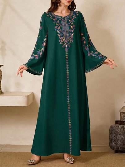 Al Najma Đầm maxi dài tay họa tiết cây cỏ kiểu Ả Rập truyền thống dành cho nữ.