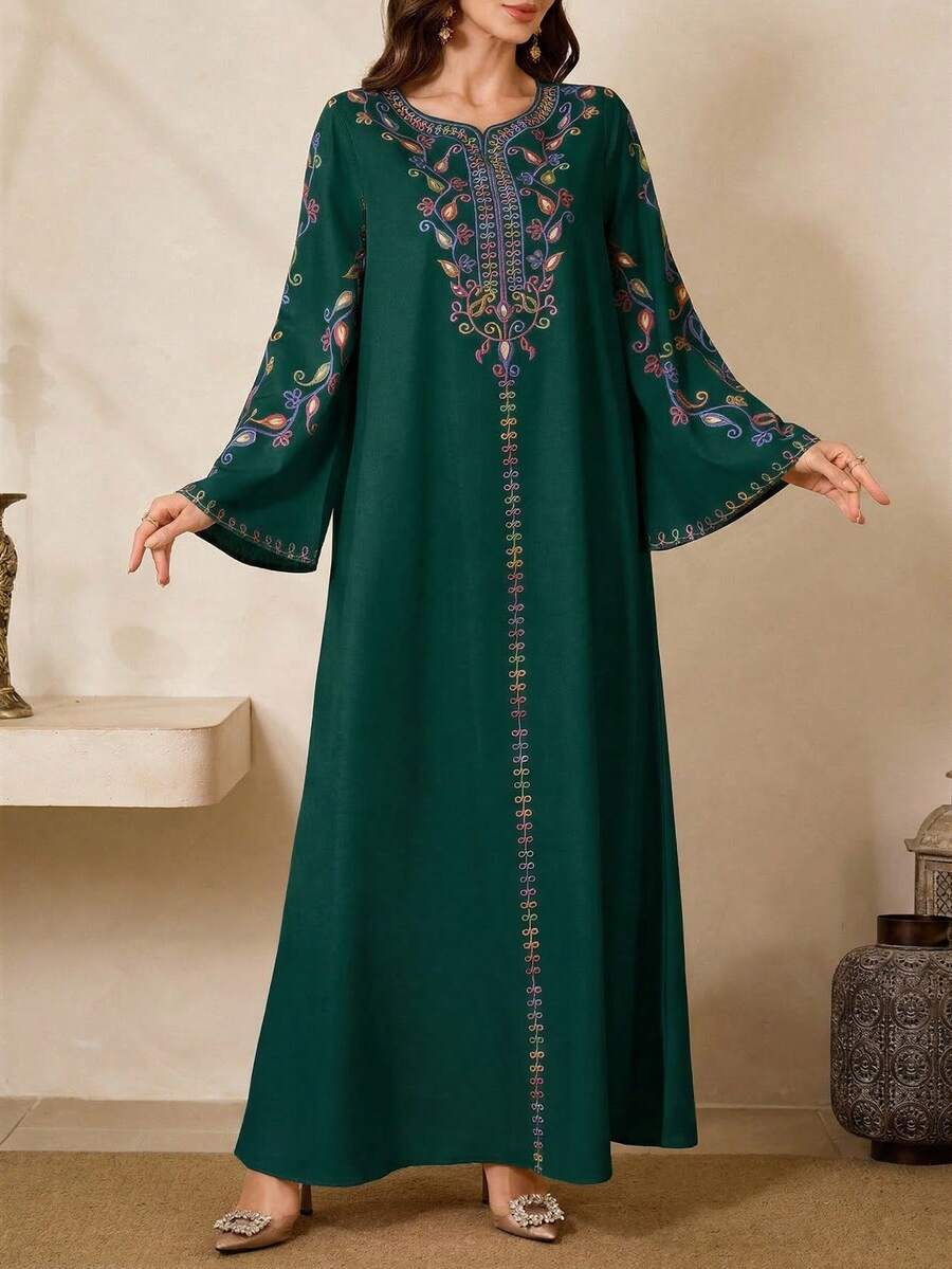Al Najma Đầm maxi dài tay họa tiết cây cỏ kiểu Ả Rập truyền thống dành cho nữ. - màu xanh lá - Xem 1