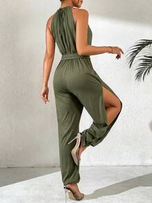 Breezaya Spring & Summer Deep V-Neck Elastic Waist Tie Strap Side Slit 3/4 Length Jumpsuit - Army Green - View 2
