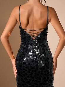 SHEIN BAE 女士亮片细肩带露背系带性感优雅鸡尾酒会礼服，适合夜总会、派对、正式场合、圣诞节 - 黑色 - 查看 4