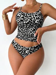 SHEIN Swim Bộ bikini nữ mùa hè gợi cảm họa tiết da báo với dây đeo điều chỉnh được. - Đen và trắng - Xem 3