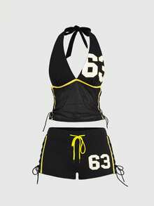 ROMWE Grunge Punk 2pcs/Set Sports Style Racerback Tank Top And Super Low-Rise Shorts For Women - Black - View 1