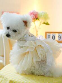 PETSIN 1pc Pet Luxury Princess Wedding Dress With Gold Flower Embroidery And Pearl Bow Decoration Dress, Spring/Summer Thin Style With Traction D-Button Cat/Dog Clothes - White - View 10