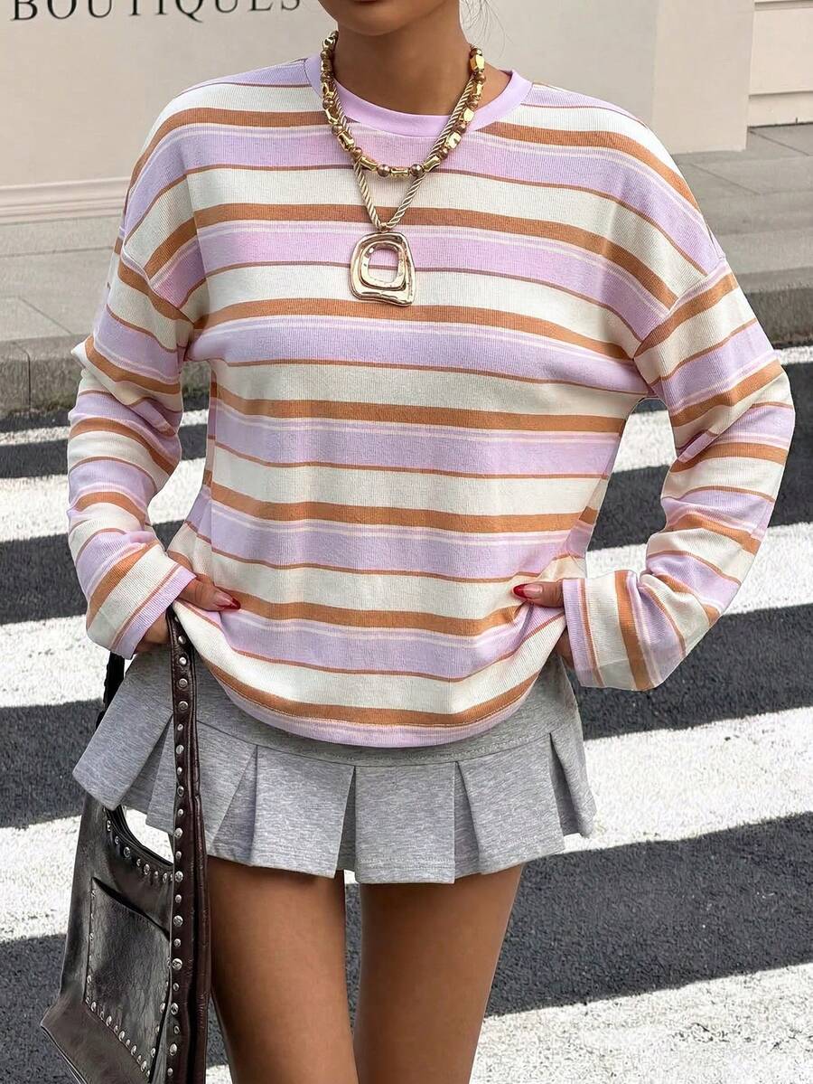 Muchica 女士粉色条纹针织T恤 - 淡紫色 - 查看 1