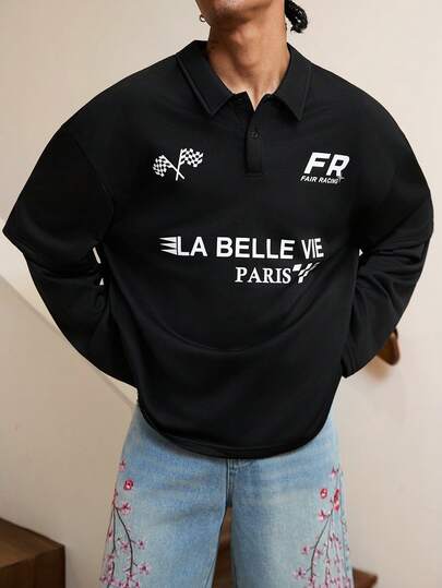 GALLERY FADE Men's Letter Print Casual Versatile Commuting Short Sleeve Polo Shirt