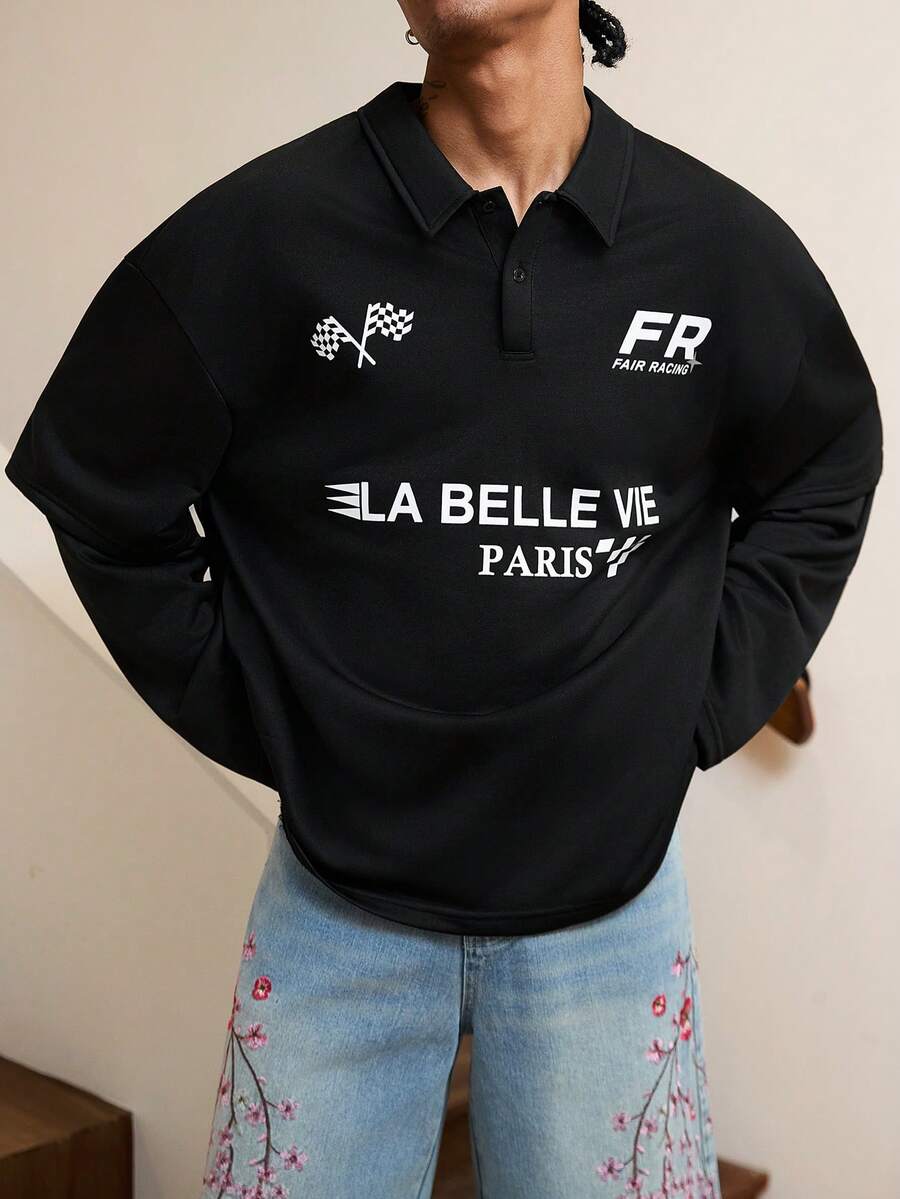 GALLERY FADE 男士字母印花休闲百搭通勤短袖Polo衫 - 黑色 - 查看 1