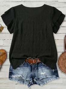 EMERY ROSE Questa camicia casual in stile primaverile in crepe nera, taglia comoda, decorata con pon pon e stampa floreale, è perfetta per i festival musicali estivi e le vacanze. Comoda e versatile, è una scelta ideale per l'estate. - Multicolore - Visualizzare 2