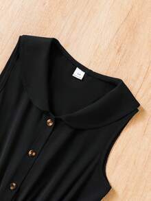 SHEIN Girls' Black Solid Pleated Leg Jumpsuit With Beige Belt, Lapel And Button Front Design, Suitable For Casual Daily And Commute Wear - Black - View 7