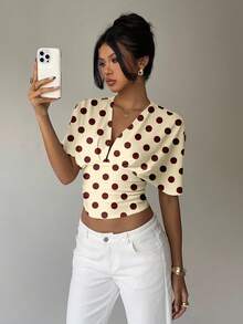 Aloruh 女士波点深V领褶皱休闲百搭日常穿着T恤 - 淡黃色 - 查看 7