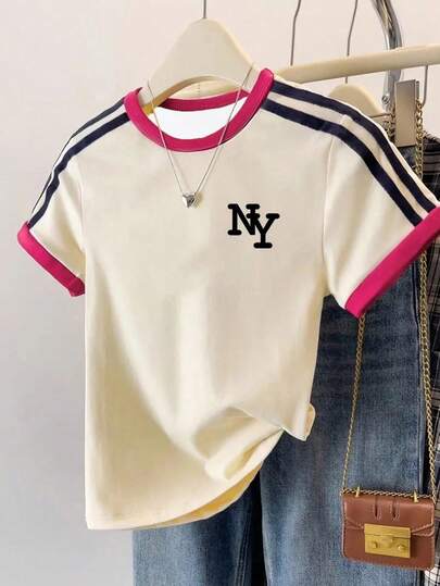 Tween Girls' Digital Striped Print Short Sleeve Top, Casual & Comfortable Spring/Summer, Fashion, Suitable For Outdoor Activities, Picnics, Street Photography, Home, School, Festivals, Gifts