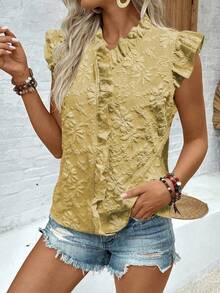 SHEIN LUNE Casual Vacation & Daily Wear Ruffle Sleeve Bow Tie Printed Apricot Blouse For Women - Ginger - View 4