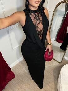 Dayanna Comas 优雅黑色蕾丝高领修身连衣裙，适合春夏正式场合，如婚礼宾客派对。 - 黑色 - 查看 5