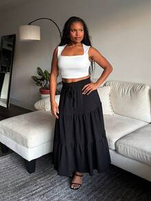 Tyla Gomez 纯色抽绳腰部荷叶边下摆半身裙，女士休闲结饰，荷叶边下摆，褶皱长款常规版型自然黑色纯色女式半身裙，春季/秋季，休闲日常穿着 - 黑色 - 查看 5