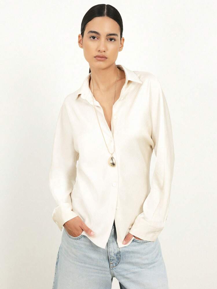 KSTM Camicia in raso con bottoni e maniche a pipistrello, blusa con colletto, top a manica lunga da ufficio e lavoro, vestibilità morbida, in seta