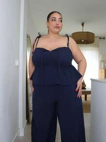 Pretty and Ole Navy Blue Casual Plus Size Women 2 Pieces Set: Camisole Top And Pants Casual Two Piece Set Cotton Two Piece Set Comfortable Two Piece Set - Navy Blue - View 4