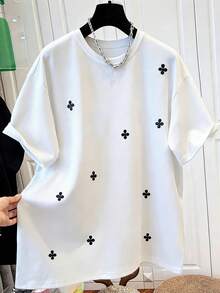 SHEIN Áo thun nữ cổ tròn in họa tiết và thêu - Áo thun cổ tròn dáng thường ngày - Áo thun mỏng nhẹ phù hợp cho mọi mùa. - trắng - Xem 4