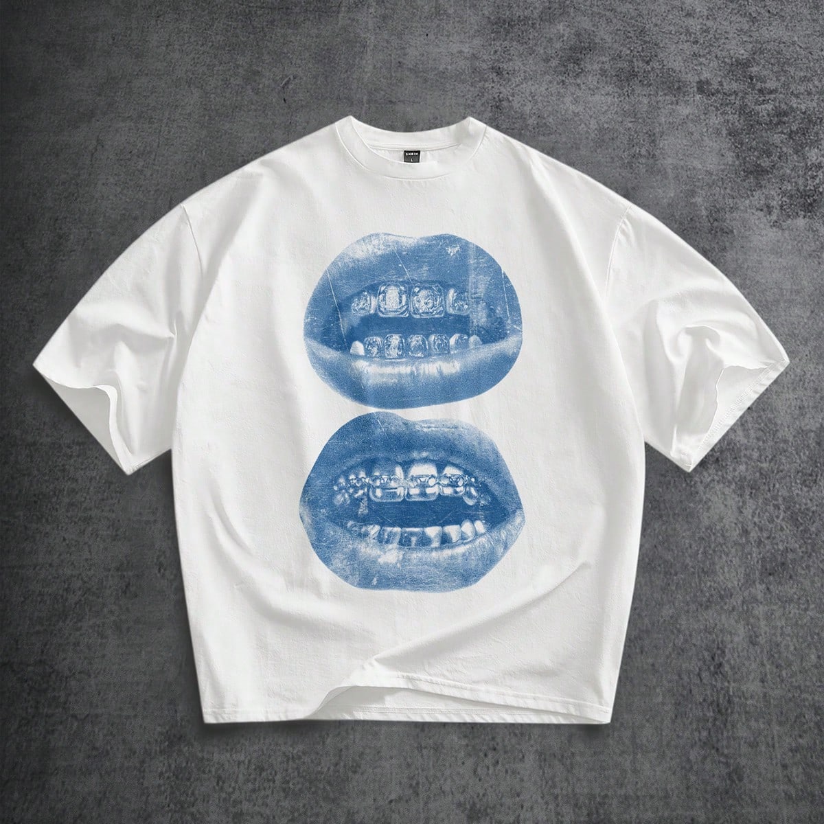 Camiseta de manga corta blanca con estampado de labios y gemas en azul desgastado, adecuada para primavera/verano, regalo divertido para novio/uno mis
