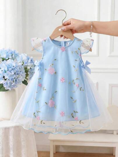 Souflis Infant Toddler Newborn 0-3Y Baby Girl Unisex Princess Style 3D Floral Mesh Bow Decor Dress, Suitable For Birthday Party, Evening Party, Daily Wear, Vacation, Spring Summer Outfit