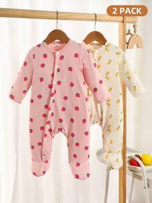 SHEIN 2件套新生女宝宝春秋季草莓柠檬印花前开襟按扣连体衣套装 - 彩色 - 查看 3