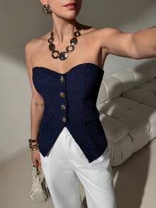 Lavishia Women's Elegant Front Button Bandeau Top, Summer - Black - View 7