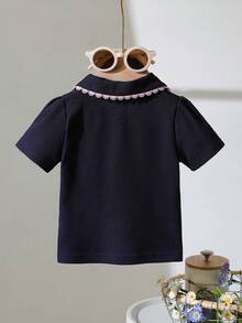 Souflis Souflis Baby Girl Lace Trim Polo Collar Short Sleeve Top, Spring/Summer - Navy Blue - View 2