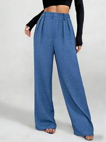 SHEIN PETITE Women's Elegant Vacation French Style Linen-Look Blue Pants, Suitable For Commuting - Blue - View 1