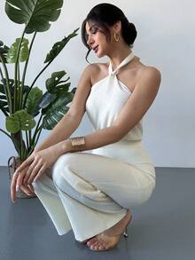 Firerie Bộ jumpsuit nữ thanh lịch với dây đeo vai mảnh và dây buộc phía sau, dáng rộng. - Màu be - Xem 5