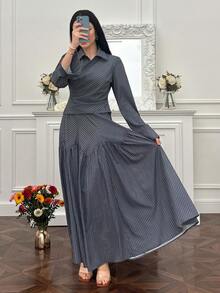 Graceveil 女士条纹长袖衬衫和中长裙两件套 - 藍色 - 查看 5