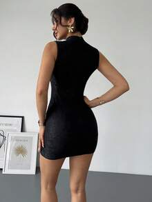 SHEIN Raffinéa 女款夏季黑色優雅性感派對夜會蕾絲短洋裝，中式立領無袖修身收腰緊身連身裙 - 黑色 - 查看 4