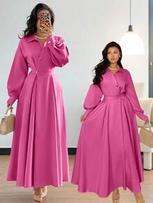 Rafferiza Vestido Feminino com Gola Virada, Ombros Caídos, Manga Longa, Cintura Franzida e Silhueta em A, Adequado para Saídas, Férias, Feriados e Viagens - Pink - Visão 5