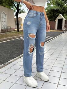 SHEIN PETITE PETITE Women's Summer Casual High Waist Ripped Straight Leg Jeans Light Blue Distressed Frayed Edge Baggy Denim Pants With Pockets Perfect For Streetwear & Daily Outfits Women's Casual Slim Tapered 7/8 Length Denim Jeans, Blue Low Rise Baggy Jeans,Bootcut Women Jeans,Petite Women Jeans - Blue - View 6