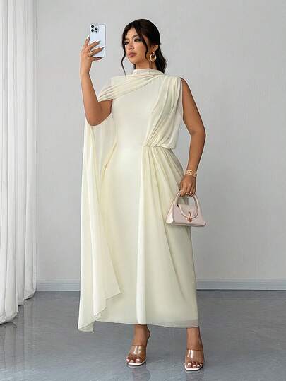 Elenzga 大码女士优雅浪漫雪纺披肩，飘逸修身直筒连衣裙，春夏款