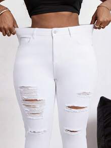 SHEIN PETITE CURVE Summer Plus Size PETITE CURVE Women's White Silky Smart Casual Everyday High Waisted Distressed Ripped Frayed Slim Fit Skinny Jeans Denim Pants - White - View 5