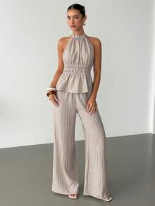Siren Gaze Women's Light Beige Striped Halter Two Piece Set,Smocked Peplum Top & High Waist Wide Leg Pocketed Pants,Linen Summer Elegant Vacation Co-Ord - Apricot - View 4