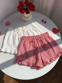 SHEIN EZwear 2 chiếc quần short nữ kẻ caro và màu trơn, thắt eo, xếp ly, kiểu dáng ngọt ngào dễ thương. - Nhiều màu - Xem 14