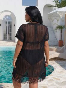 Slaydiva Black Hollow Out Loose Short Sleeve Mini Dress With Fringe Sheer Overlay - Black - View 2