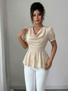 EMERY ROSE Elegant Romantic Ruffle Hem Tie Neck Fitted Women Blouse - Apricot - View 6