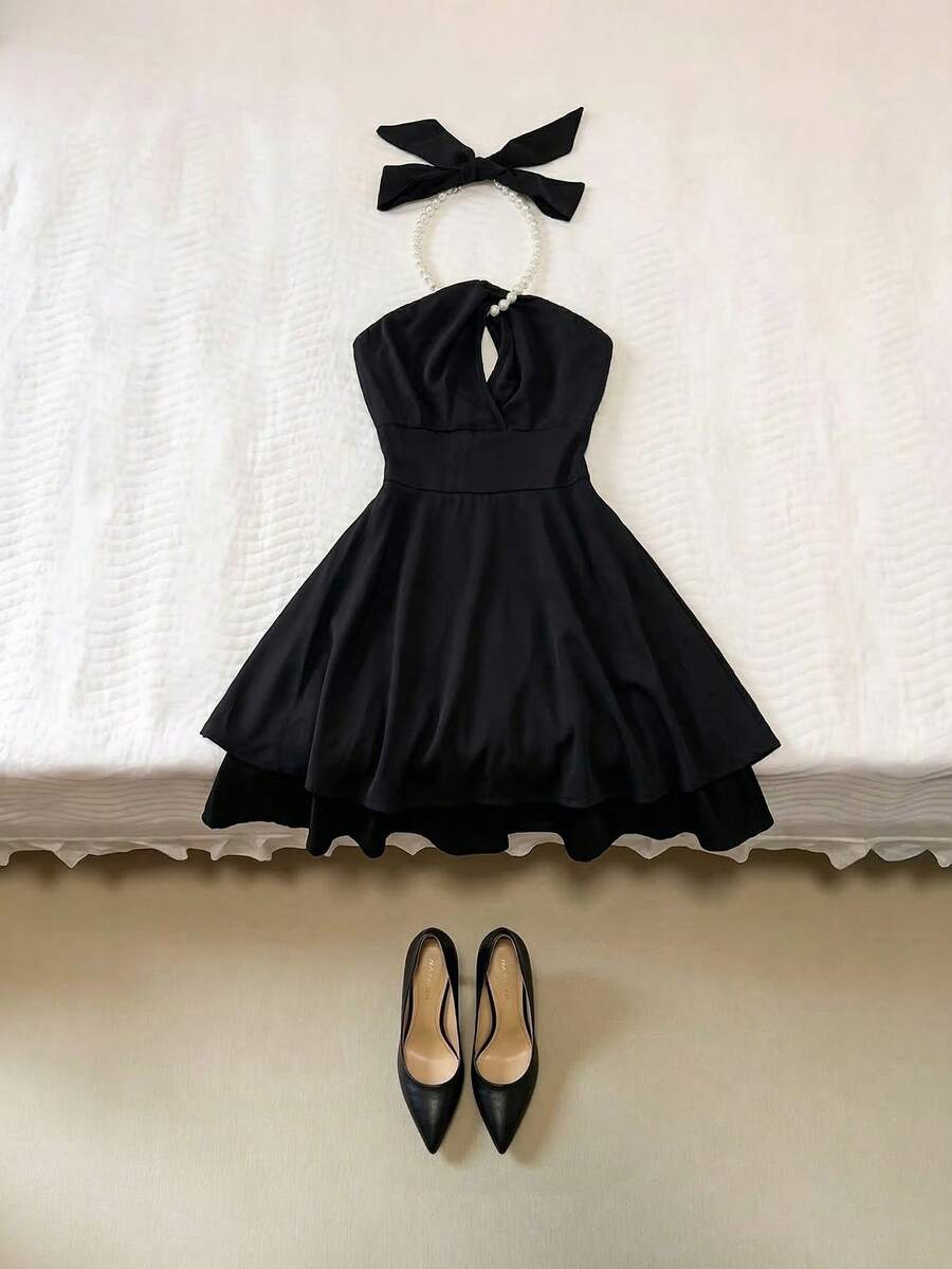 Trelyra Elegantes Damen-Kleid mit Halskrause und Tortendekor - Schwarz - Übersicht 1