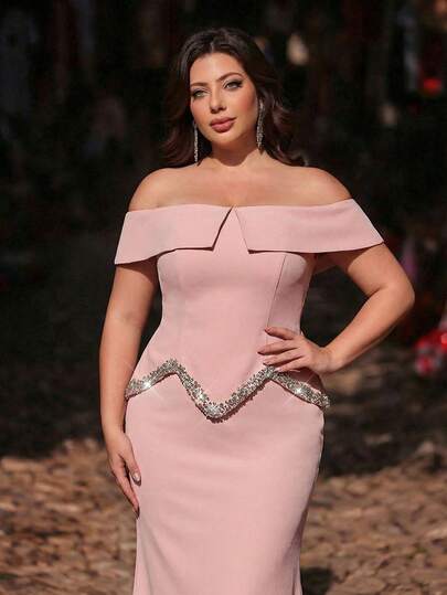 Aureia Plus Size Elegant Romantic Pink Off-Shoulder Mermaid Hem Dress With Elastic Mesh Inset, Pearl & Rhinestone Decor, Suitable For Wedding, Party, Holiday, Formal Occasion (Heavily Decorated) Sexy Blush Pink Plus Size Dress