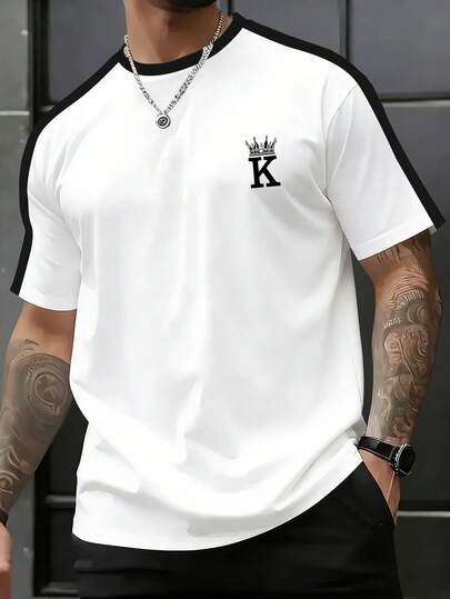 Manfinity Homme 国王皇冠字母印花T恤，宽松休闲美式街头风短袖上衣，黑白撞色圆领T恤，男士新款夏季撞色T恤，皇冠和K字母简约印花，复古美式国王皇冠短袖T恤