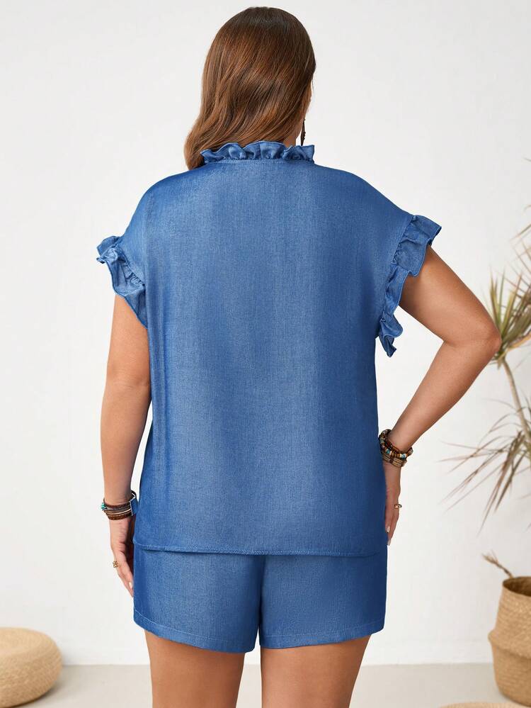 Plus Size Women Chic Plus Size  Blouse With Ruffled V Neck And Short Sleeves Comfortable Blue Top Solid Color Ruffle Trim Short Sleeve Shirt And Shorts Casual 2 Piece Set Summer Outfit For Plus Size Women Festival Outfits For Plus Size Women Beach Outfits For Plus Size Women Vacation Outfits Plus Size  Women Country Concert Outfit  Boho Outfit