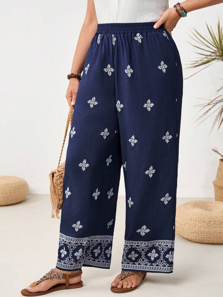 Plus Size Women Casual Comfortable Plus Size Pants For Women With Elastic Waist And Boho Floral Embroidery Summer Outfit For Plus Size Women Festival Outfits For Plus Size Women Beach Outfits For Plus Size Women Vacation Outfits Plus Size  Women Country Concert Outfit  Boho Outfit