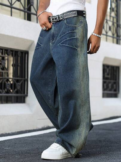 Manfinity EMRG Men's Vintage Washed Blue Loose Casual Jeans