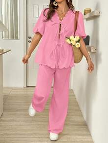Set de 2 piezas de top con mangas de farol con volantes y nudo delantero y pantalones con cintura ajustable para embarazadas, conjunto de moda para vacaciones - Rosa - Ver 7