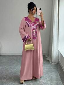 Yasmyna Women's Colorful Floral Beaded Patchwork Loose Elegant Arabic Style Dress - Multicolor - View 5
