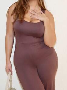 MelDlgn Plus Size Spring/Summer Women's Solid Color Elegant Loose Casual Off The Shoulder Sleeveless Sports Academy Simple Casual Square Neck Wide Leg Jumpsuit - Coffee Brown - View 3