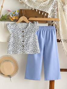 Elladie kids Bộ áo thun ngắn tay cài cúc sau lưng và quần dài thường ngày cho bé gái (nhỏ). - Màu xanh lam - Xem 3