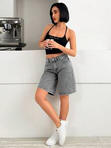 SHEIN 夏季休闲水洗牛仔短裤 - 中等水洗藍 - 查看 3
